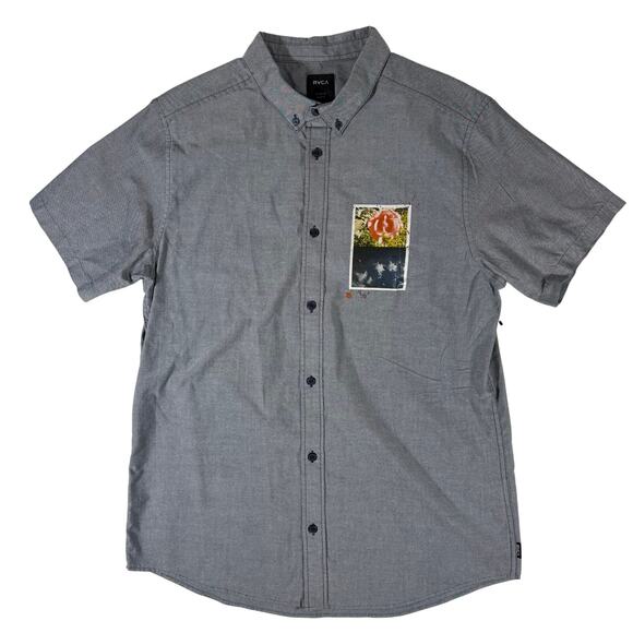 RVCA Button Down Short Sleeve Shirt Men's Large Gray with Graphic Print on Chest - Picture 1 of 8